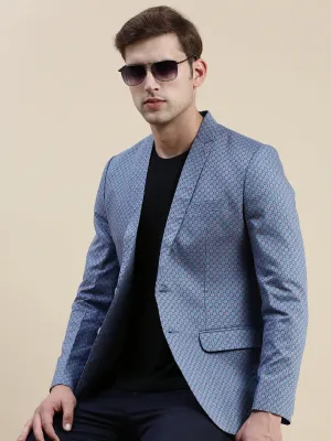 Men's Blue Printed Notched Lapel Blazers Lightweight Waterproof Jacket Stretch Weave Fabric