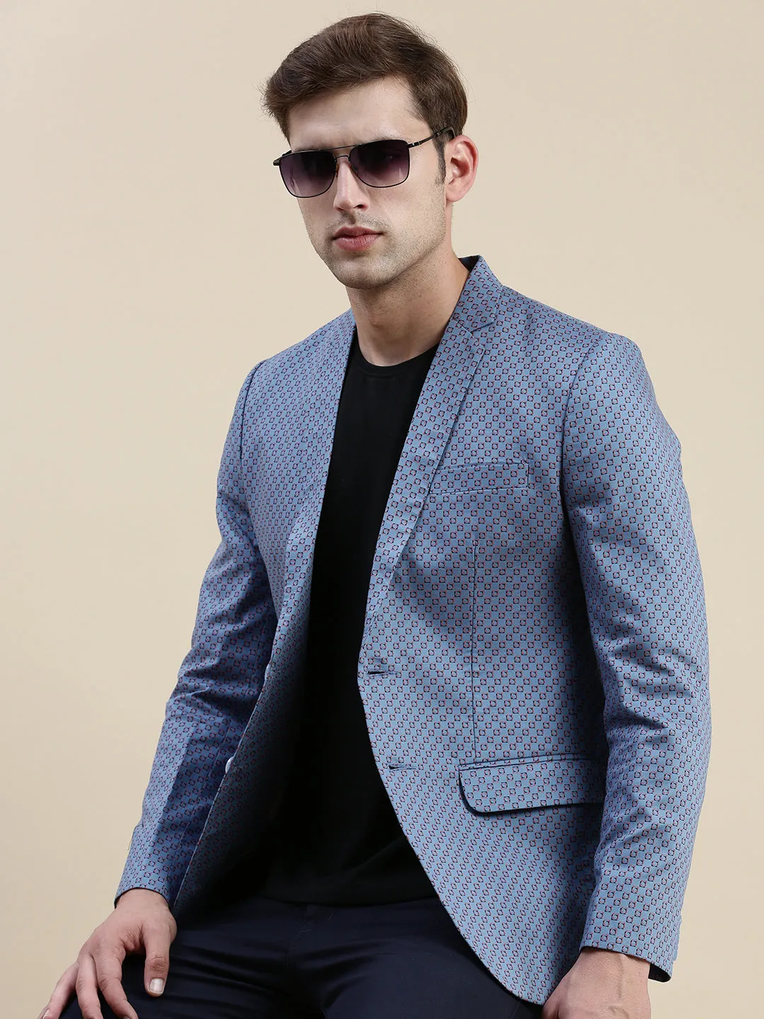 Men's Blue Printed Notched Lapel Blazers Lightweight Waterproof Jacket Stretch Weave Fabric