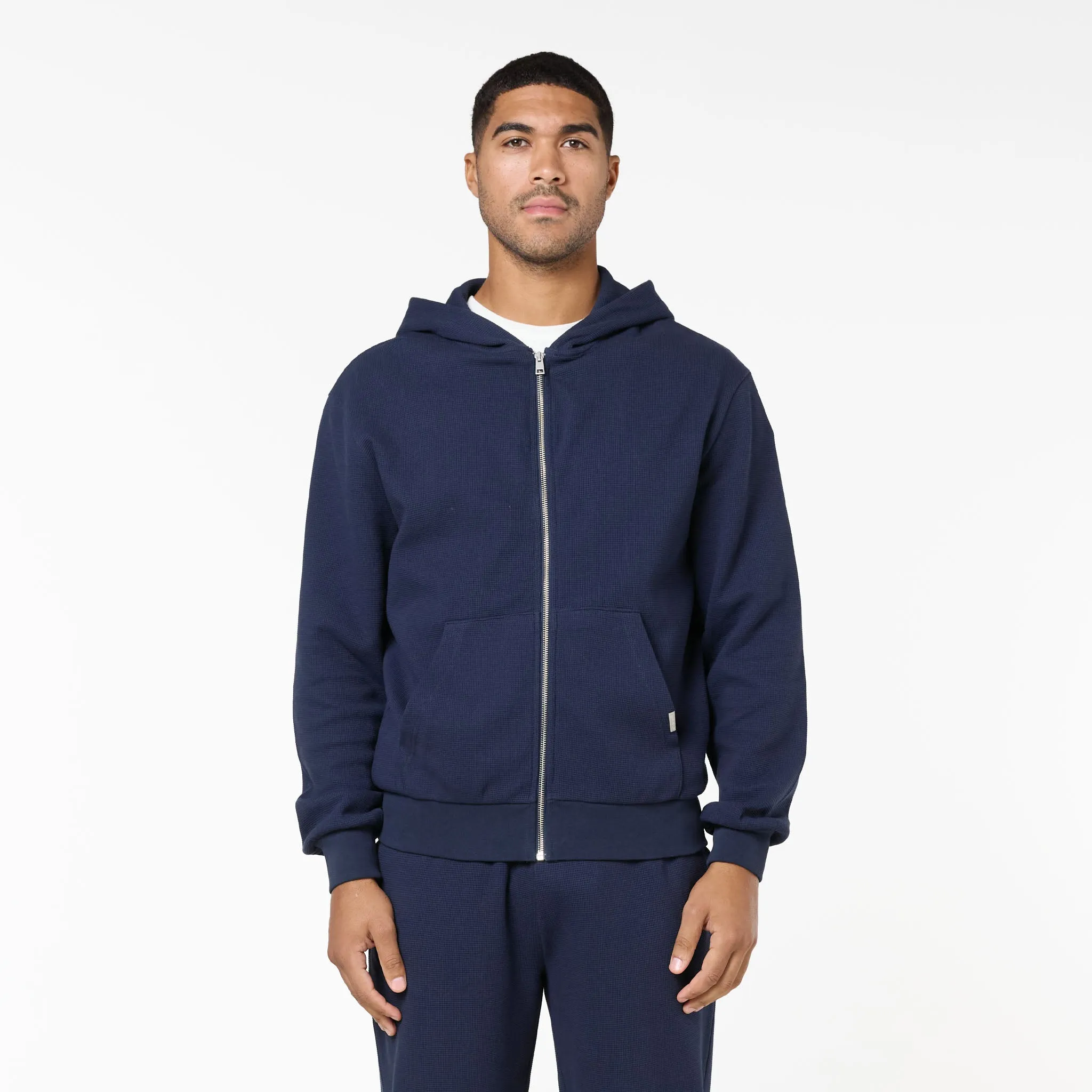 Layered Comfort Street Staple Waffle Knit Full Zip Hoodie | Navy
