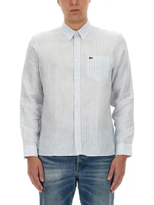 Long-Sleeve Linen Shirt With Vertical Stripes Versatile Styling Ergonomic Back Panel