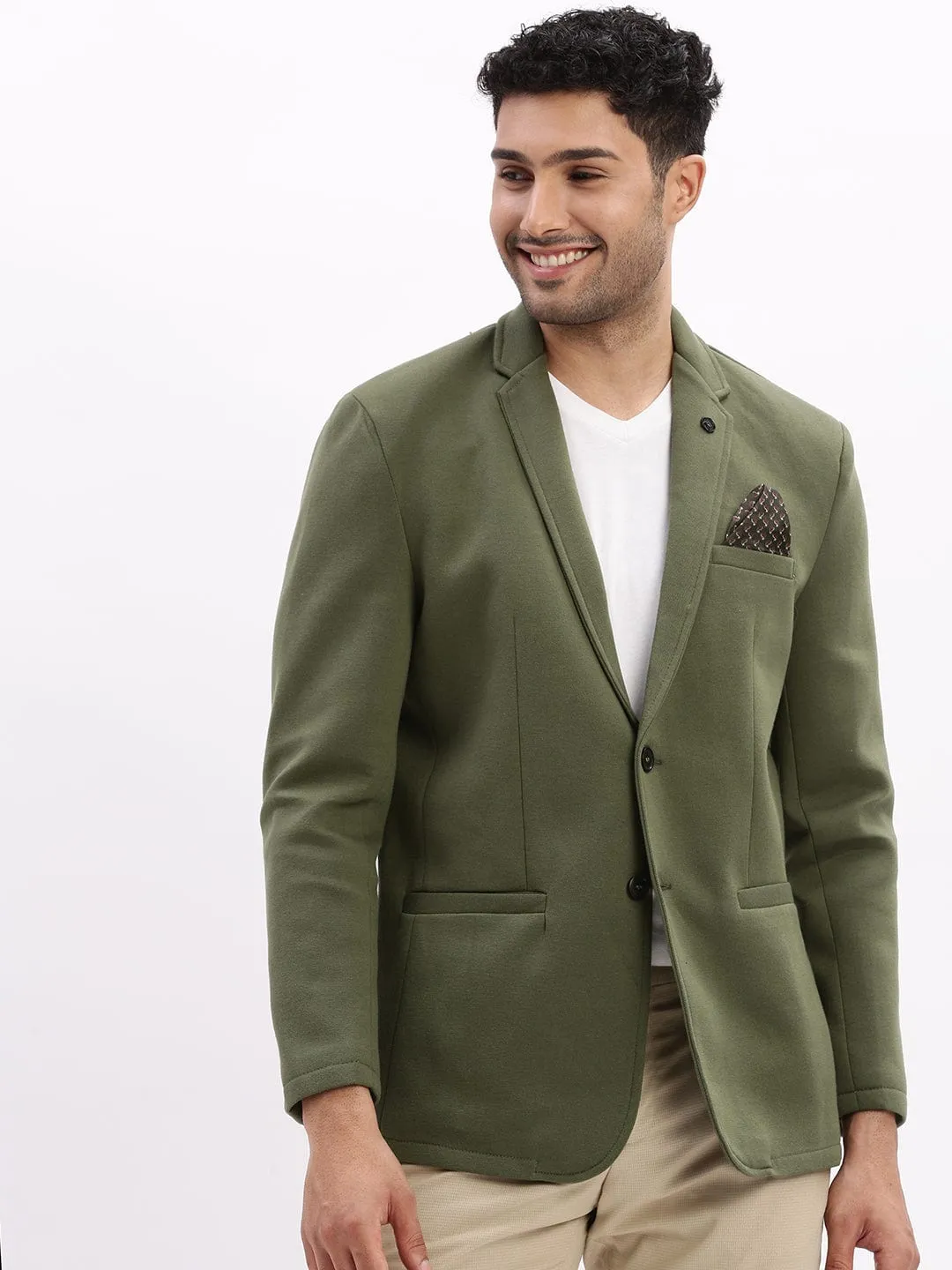Snag Free Fabric Contoured Silhouette Men's Solid Green Single Breasted Casual Blazer