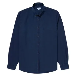 High Density Weave Smooth Finish Sunspel Button Down Denim Shirt Indigo