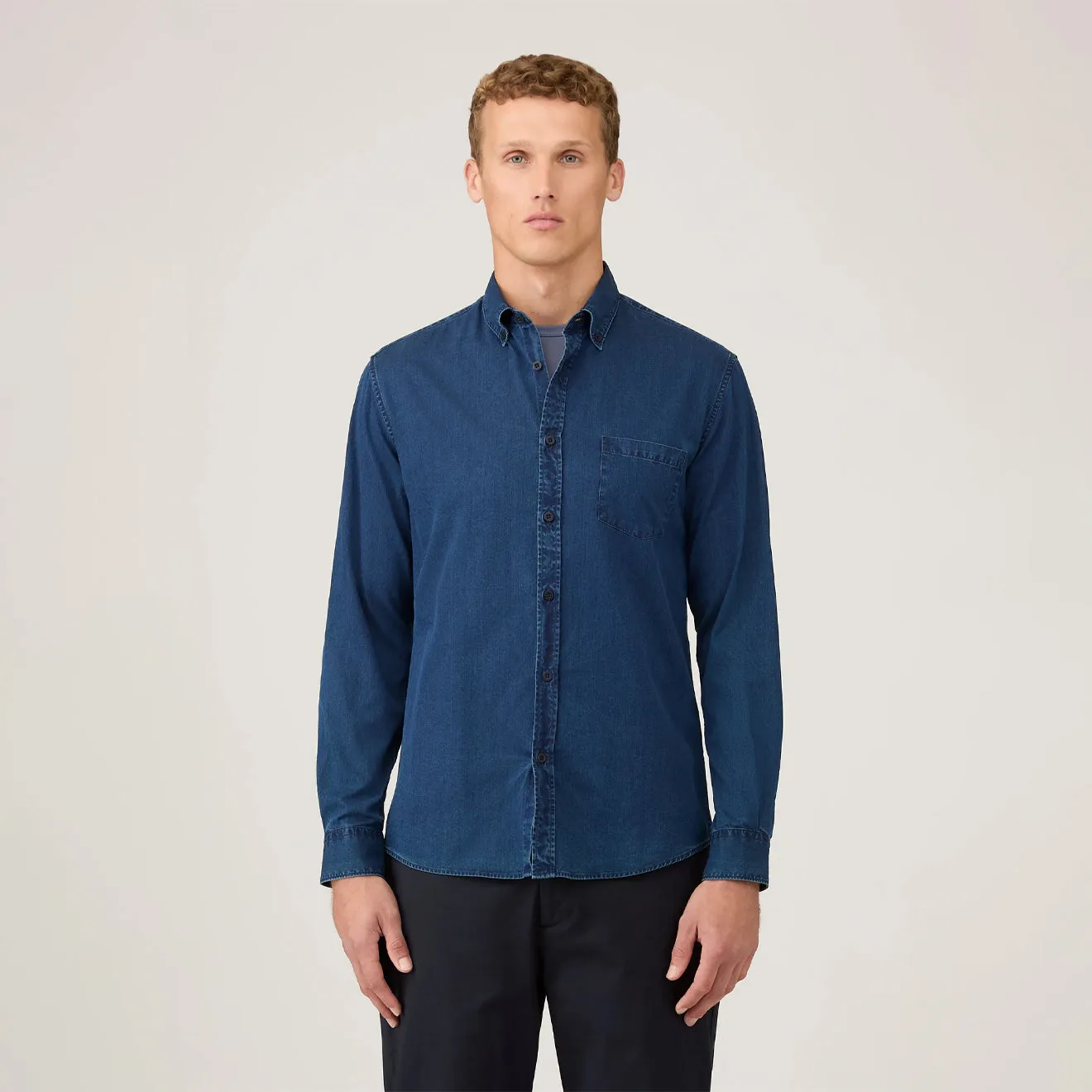 Sunspel Button Down Shirt Indigo Breathable Performance Drop Shoulder Cut