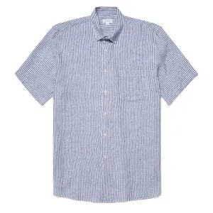 Sunspel SS Italian Linen Shirt Navy / White Linen Stripe Wrinkle-Free
