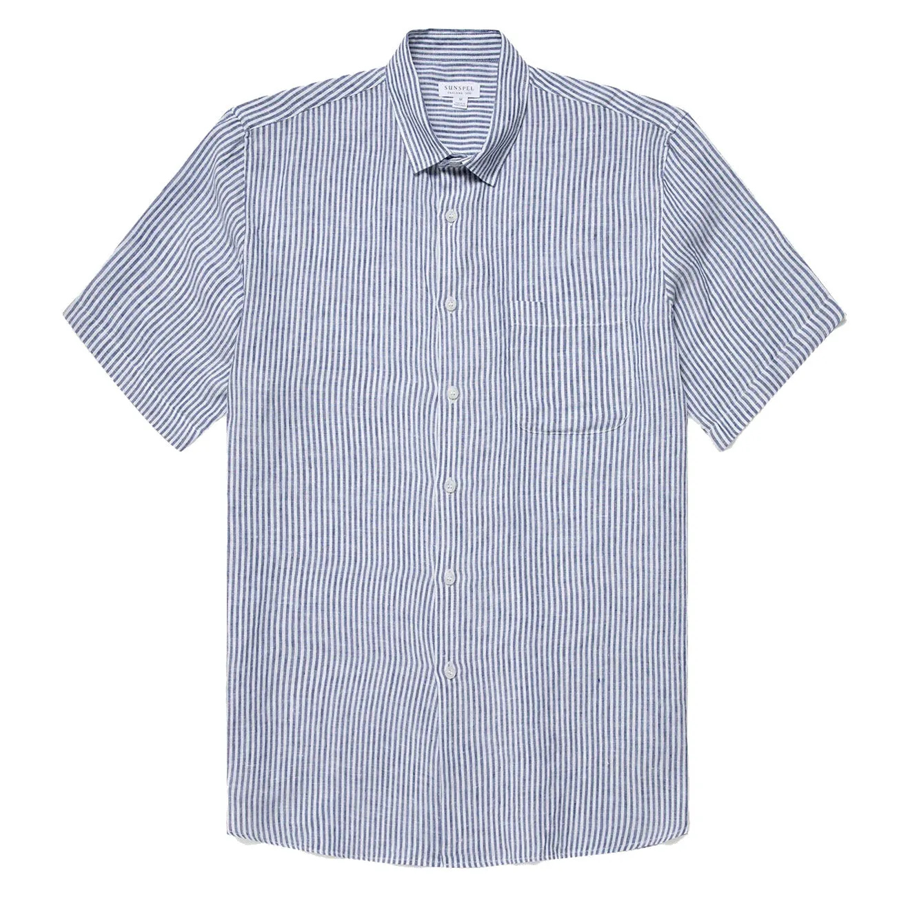 Sunspel SS Italian Linen Shirt Navy / White Linen Stripe Wrinkle-Free