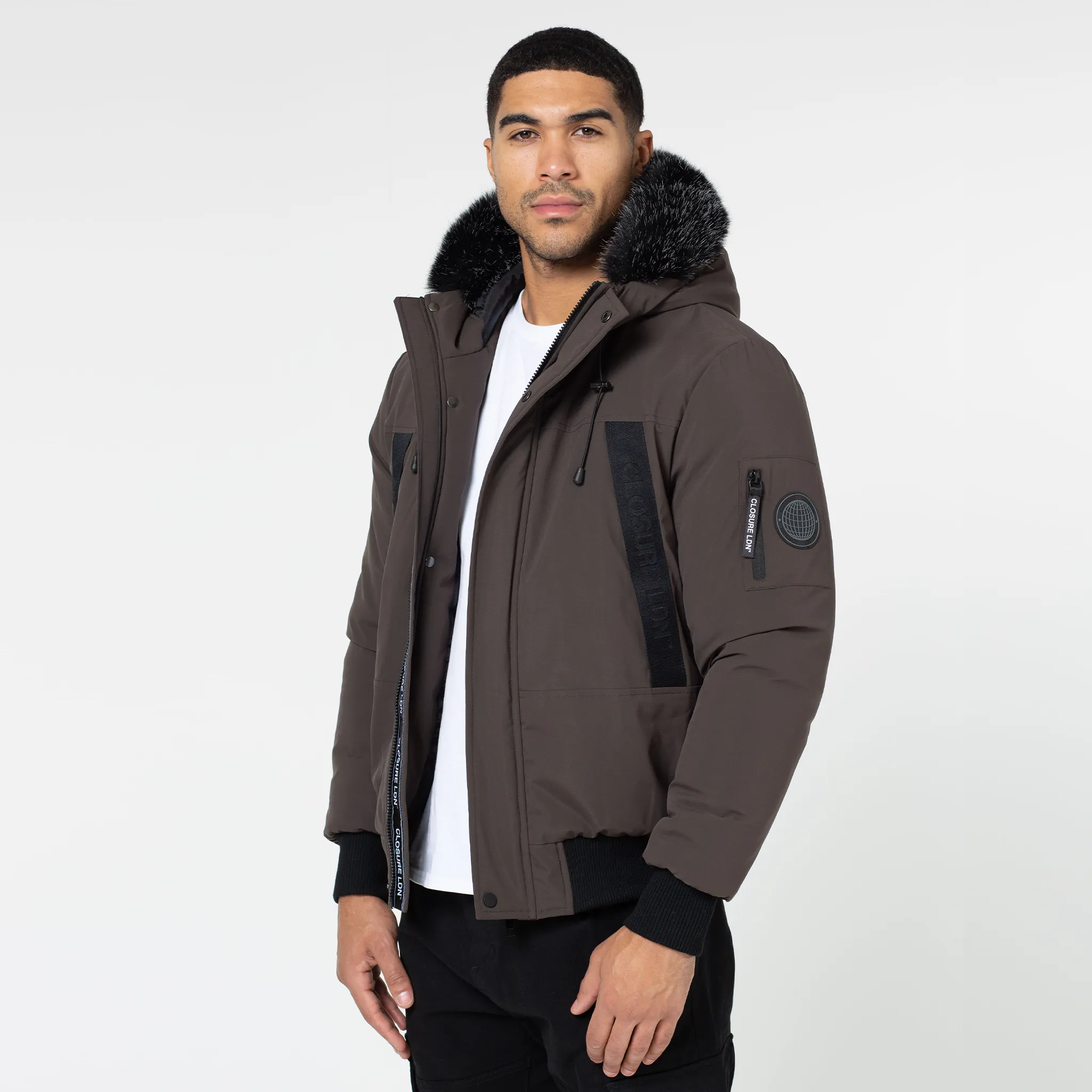 Taped Zip Pocket Short Puffer Jacket | Brown Moisture Wicking Material Microfiber Shell
