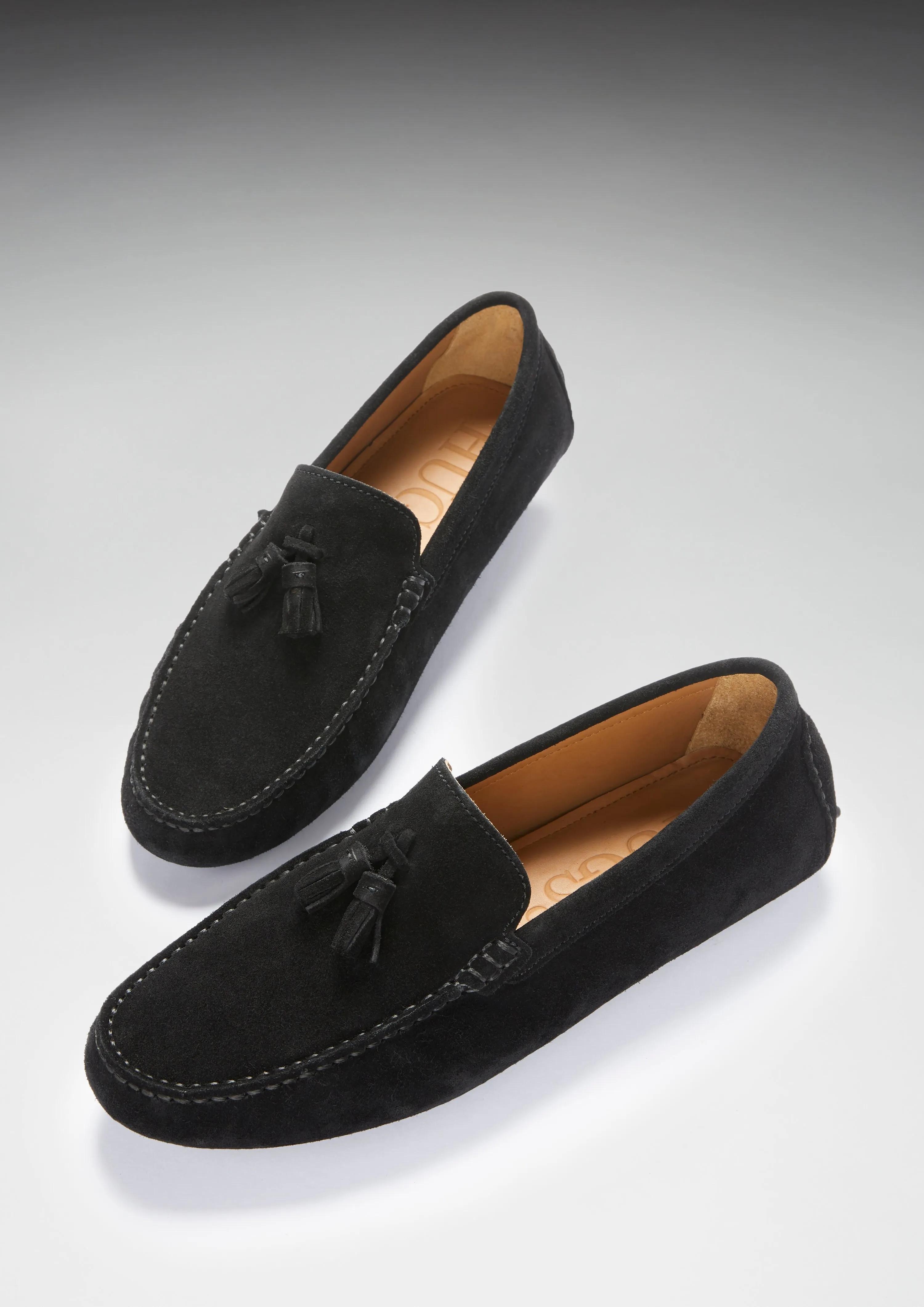 Odor Resistant Tasselled Driving Loafers, black suede