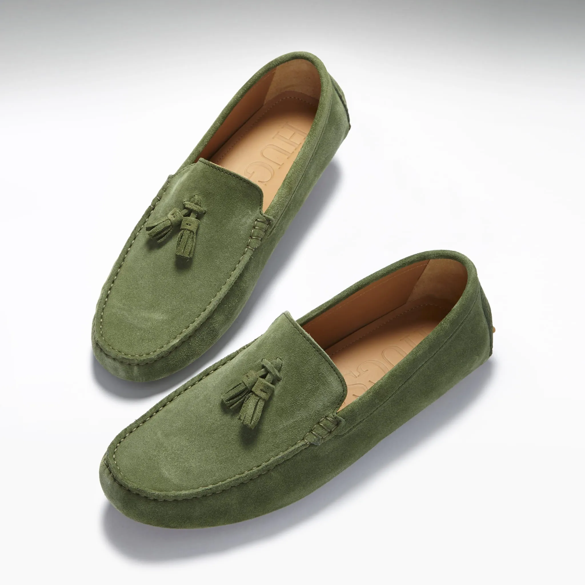 Ground Sure Tasselled Driving Loafers, safari green suede