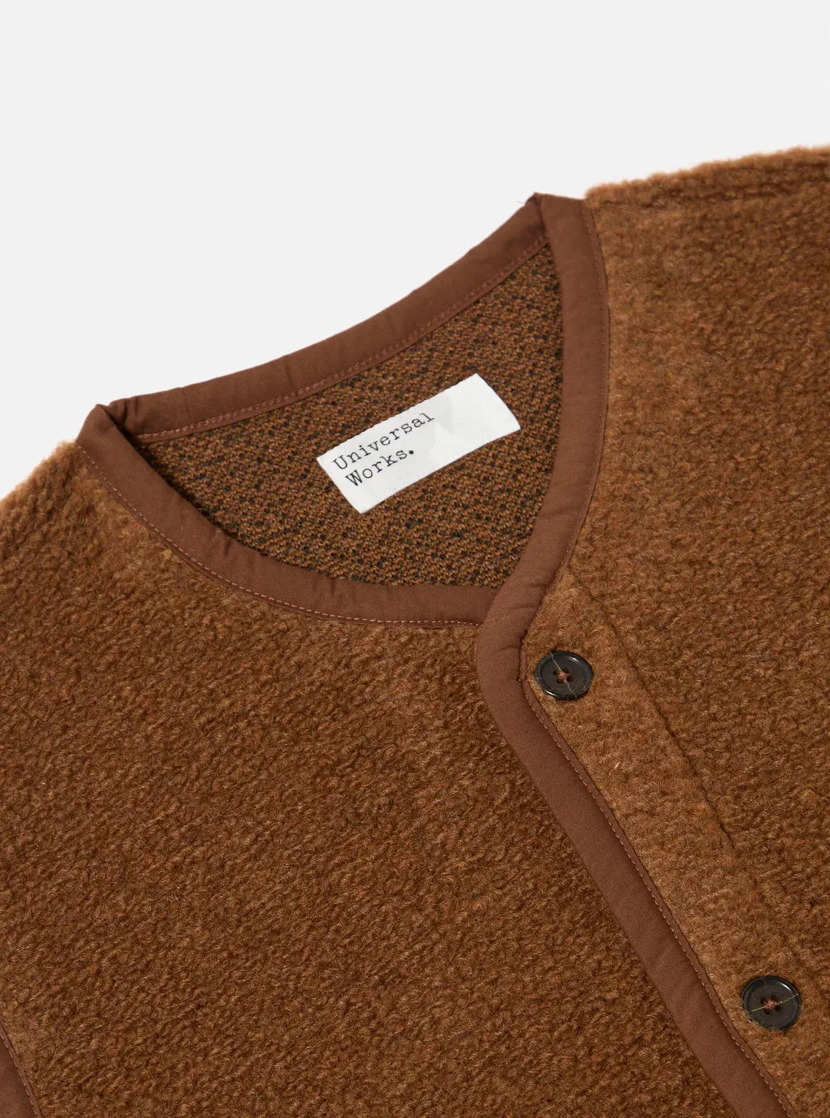 Universal Works Lancaster Gilet Alvar Fleece Cumin Transitional Wear Button Closure