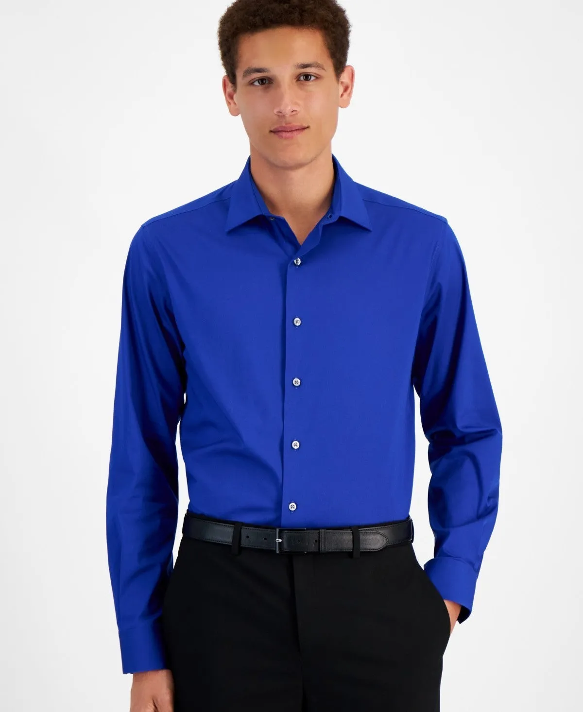 Classic Wear Retro Vibe Alfani Dress Shirt Mens  Lazulite Stretch Slim-Fit Button-Up FTS328