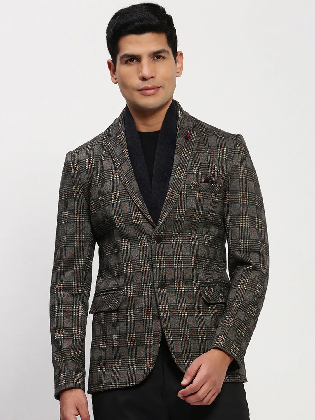 Men's Grey Checked Single Breasted Blazer Double Stitched Seams
