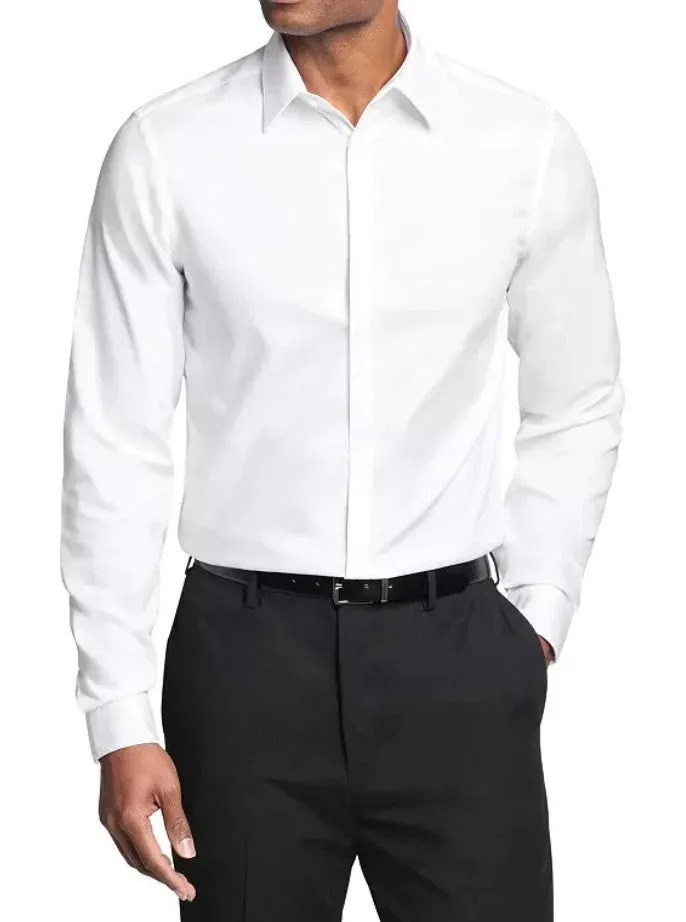 Bold Print Calvin Klein Dress Shirt Men  White Cotton Long Sleeve Slim Fit FTS331