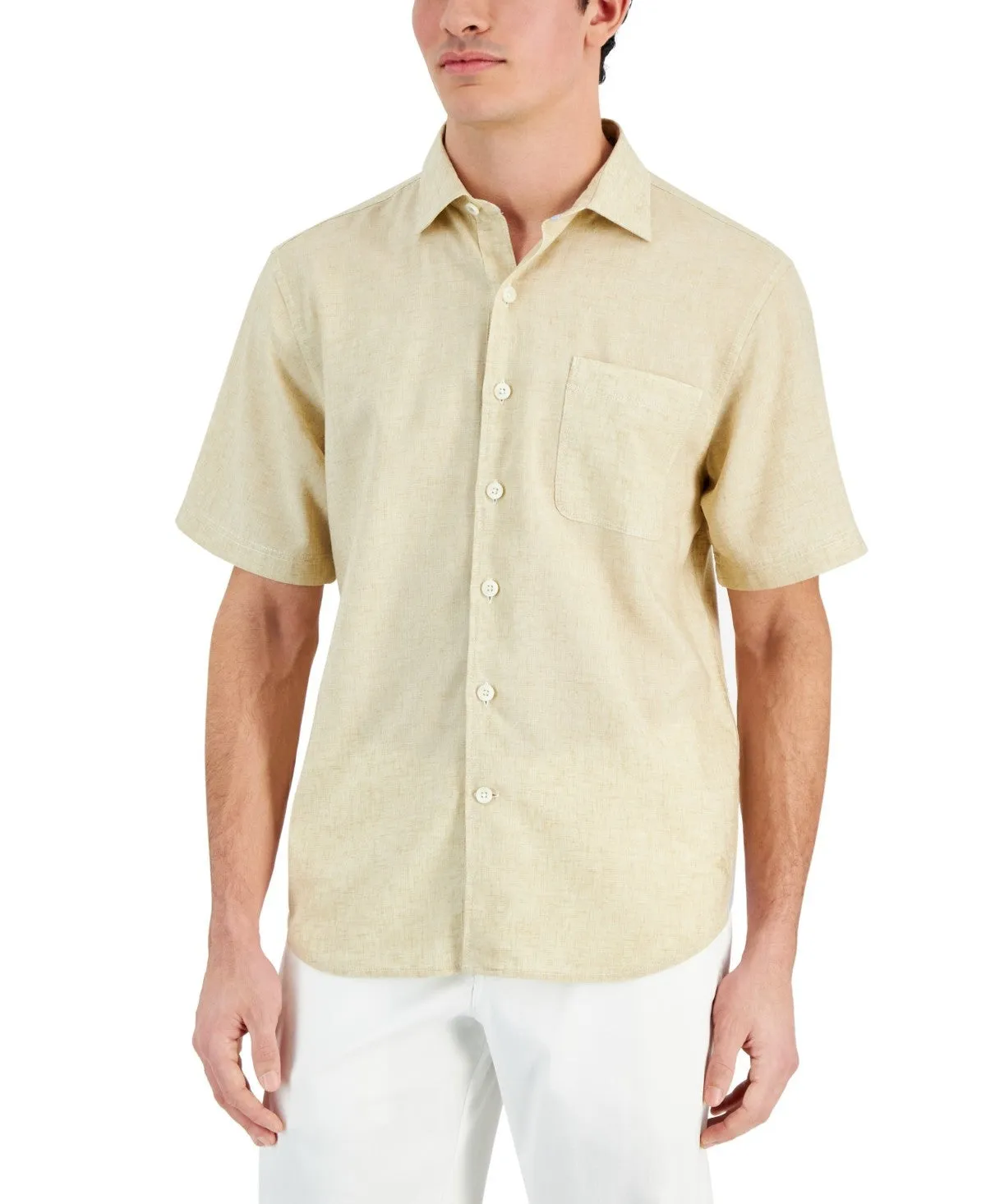 crew neck Graduation Attire Tommy Bahama Sand Desert Shirt Mens Khaki Linen Regular-Fit Button-Up FTS197