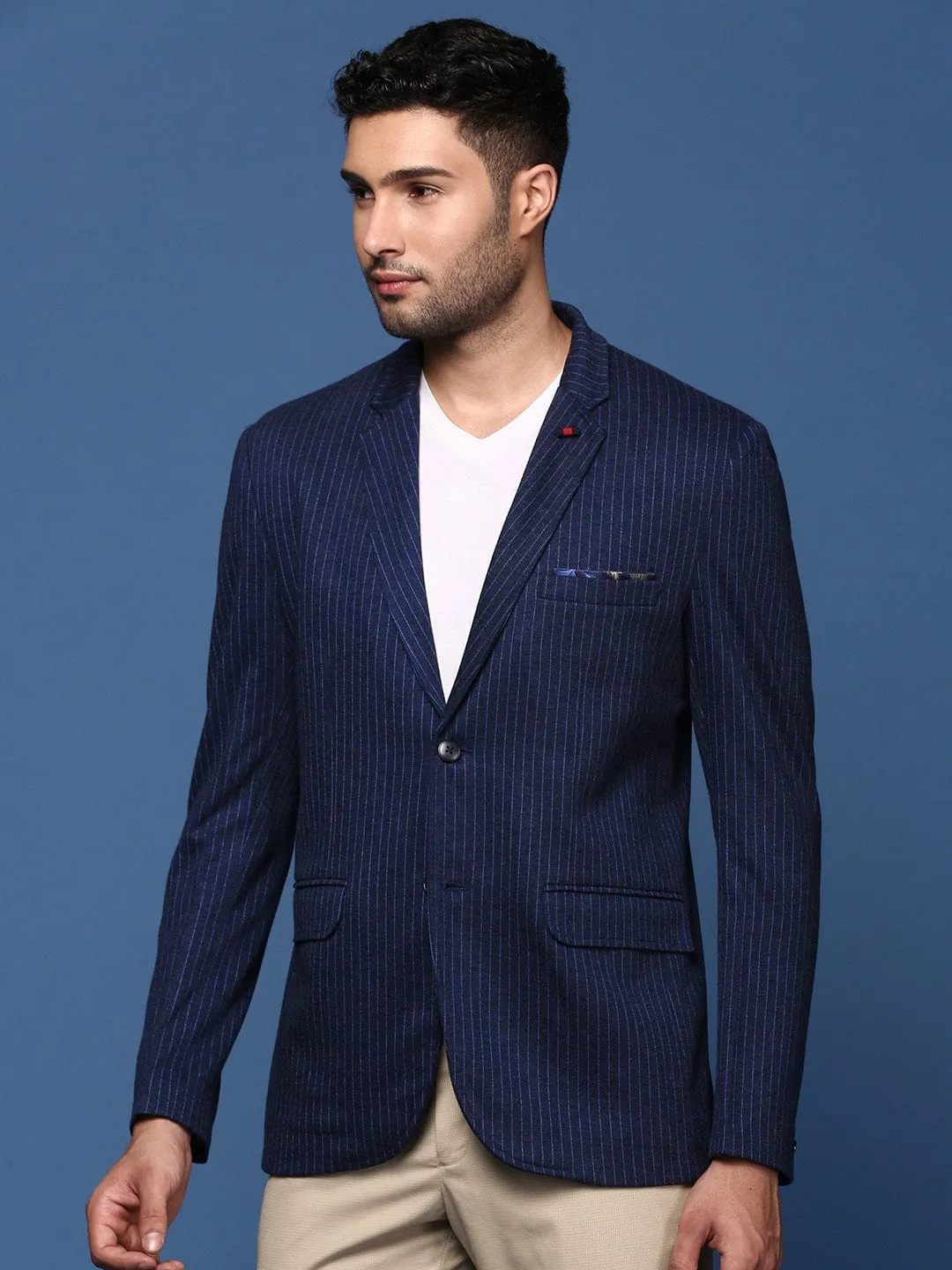 Hypoallergenic Fibers Men's Navy Blue Slim Fit Single Breasted Blazer