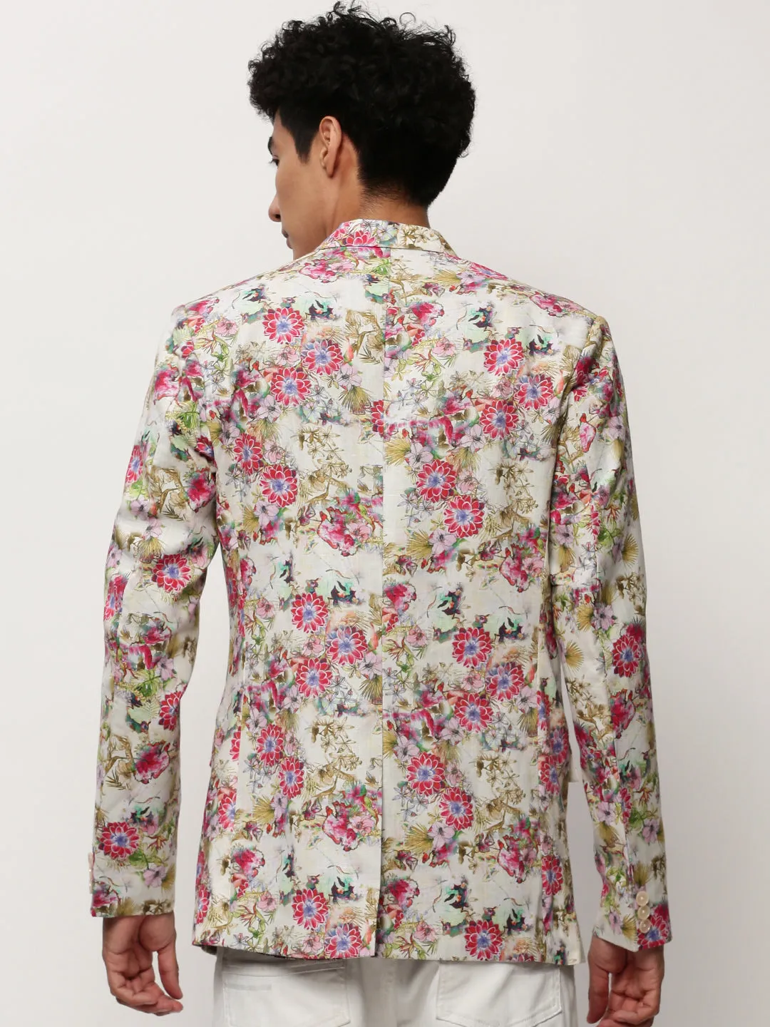 Men's Off White Printed Notched Lapel Collar Single Breasted Slim-Fit Casual Blazer Oversized Silhouette