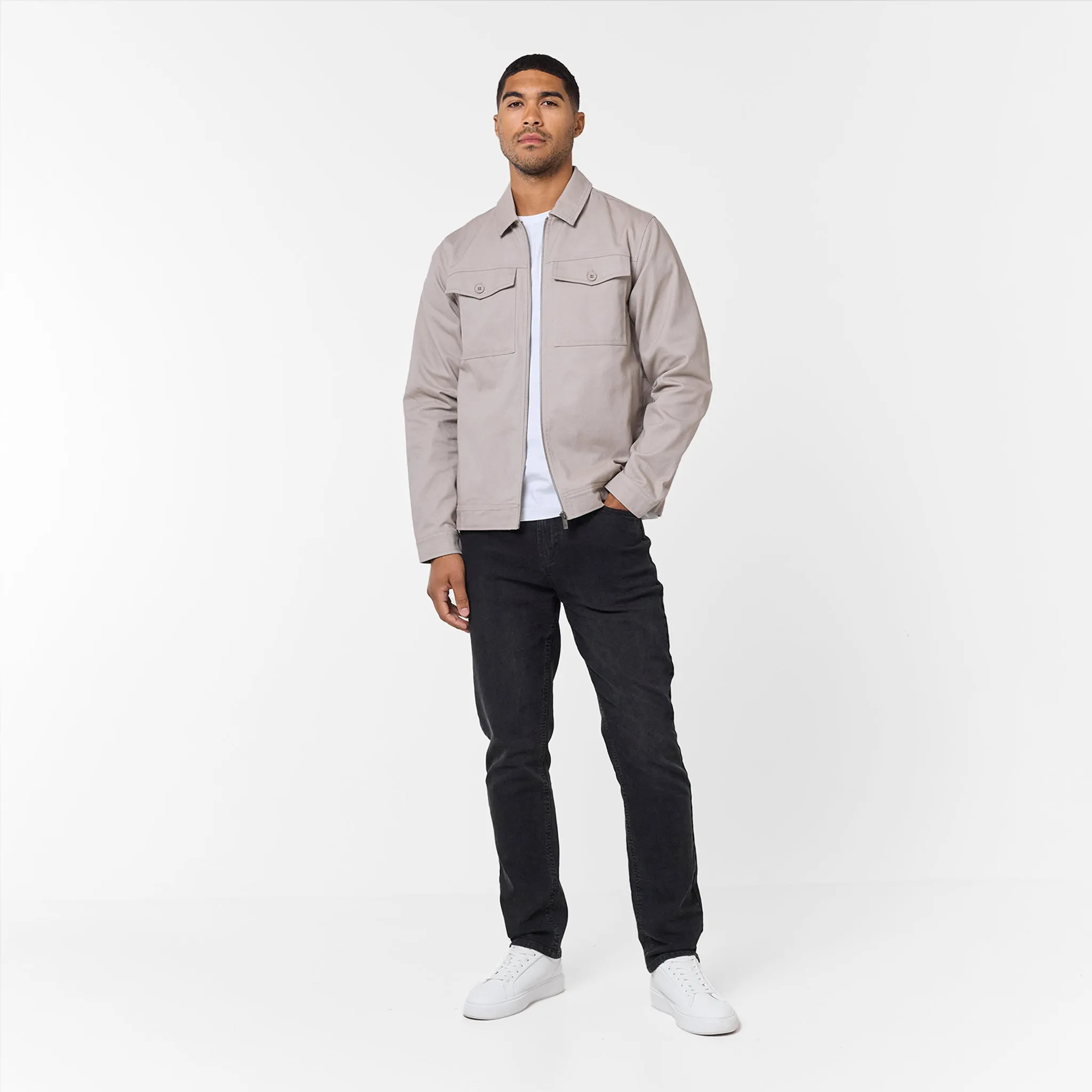 Double stitching Twill Zip Up Jacket | Stone