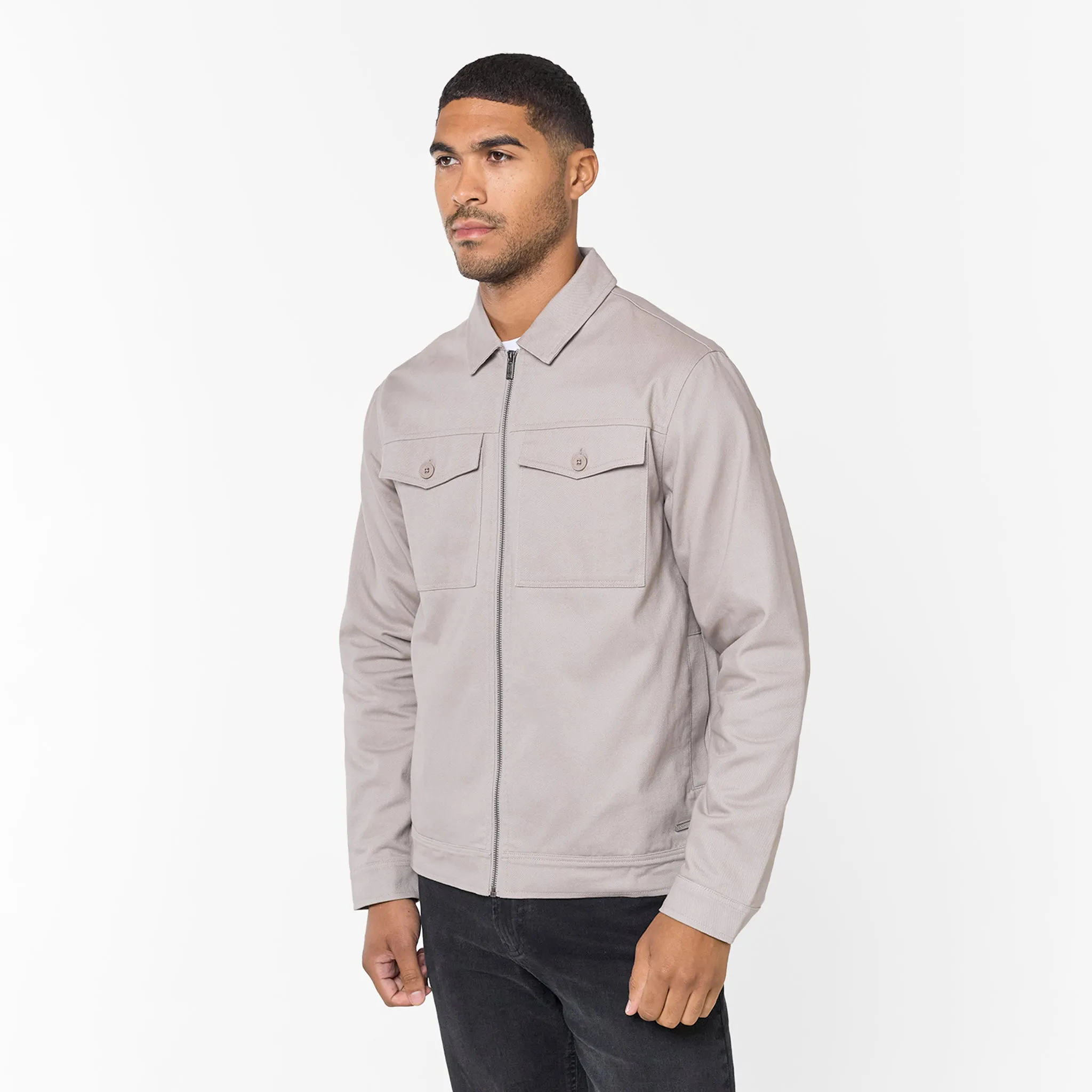Twill Zip Up Jacket | Stone Non Iron Fabric Tech Modern Drop Tail Hem