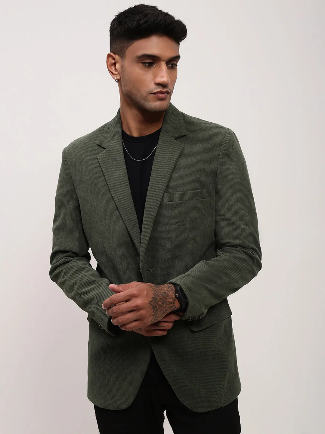 Men's Green Solid Single Breasted Blazer City Commuter Wrinkle Free Texture