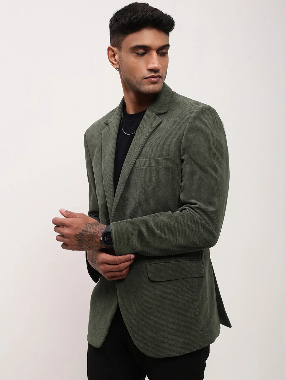 Temperature control Men's Green Solid Single Breasted Blazer