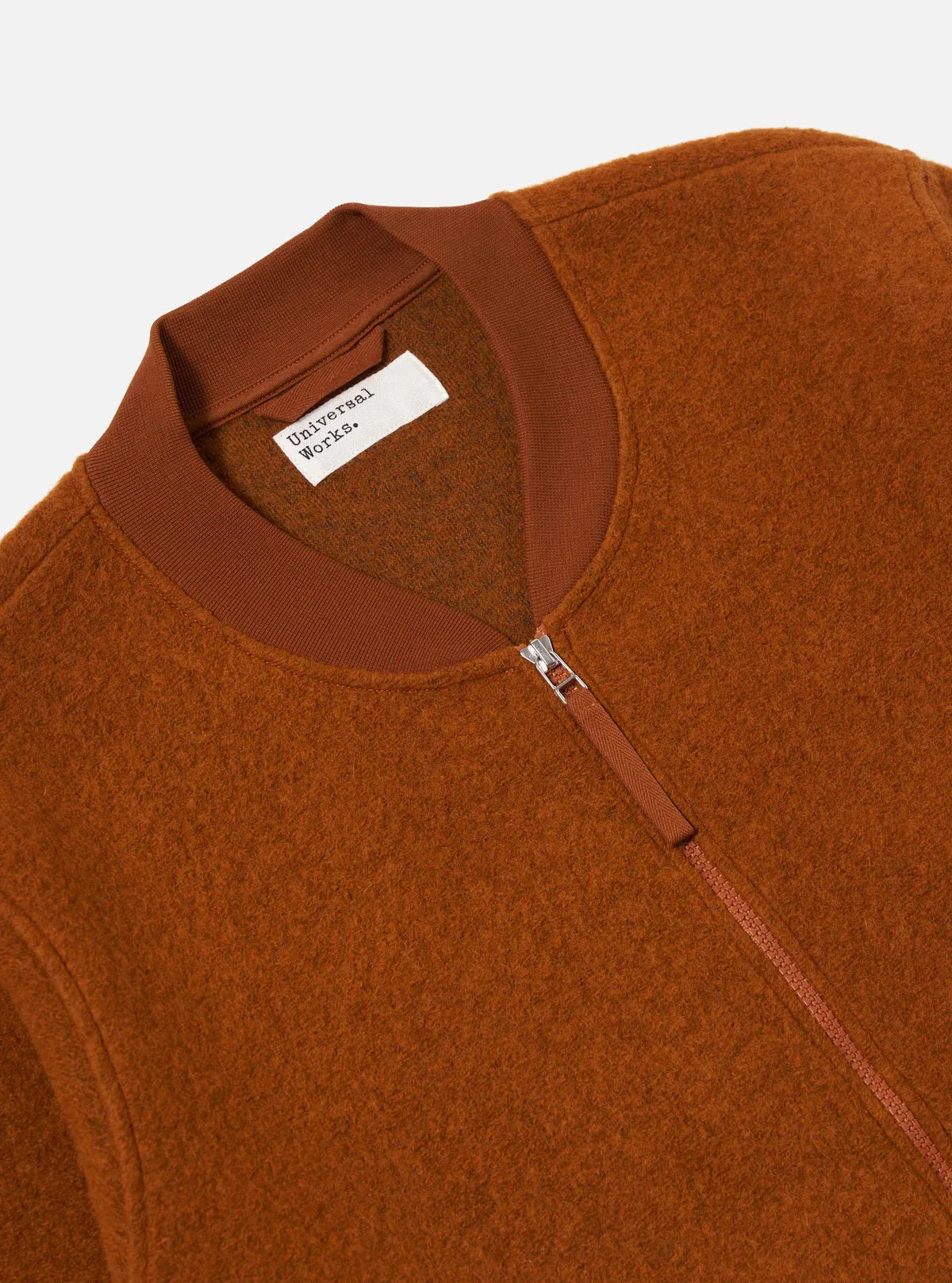 Universal Works Wool Fleece Zip Bomber Rust Fray Resistant Edges