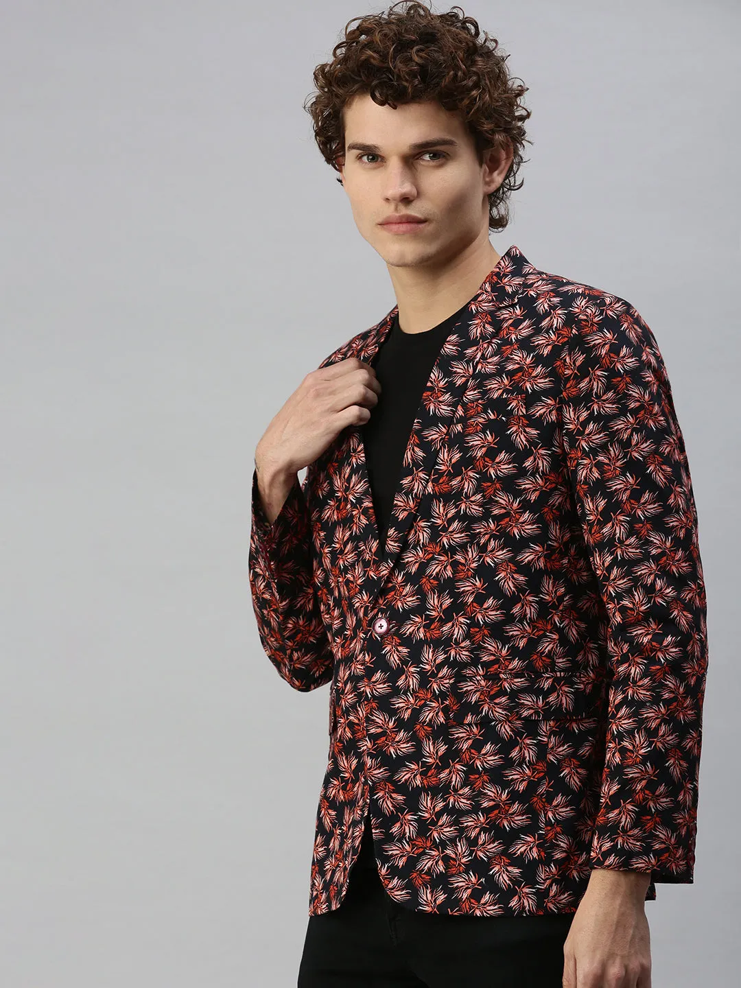 Men's Navy Blue Floral Print Single Breasted Blazer Cold Climate