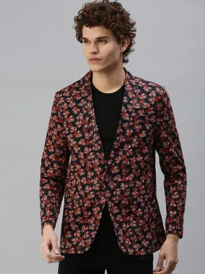 Detachable Lining Men's Navy Blue Floral Print Single Breasted Blazer