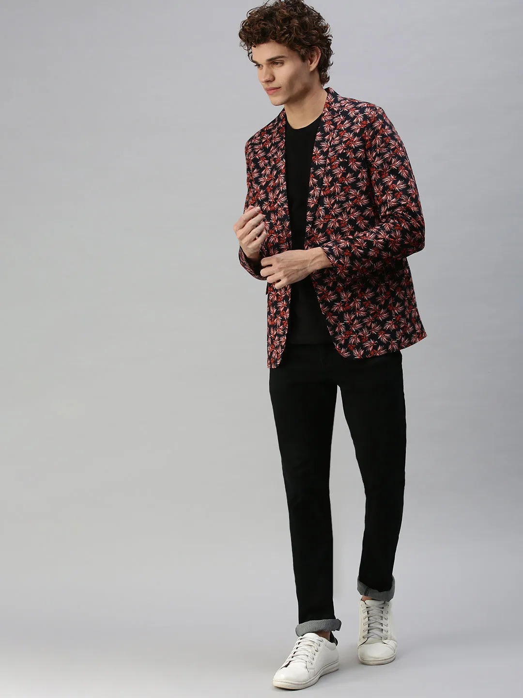 Anytime Outer Fit Men's Navy Blue Floral Print Single Breasted Blazer