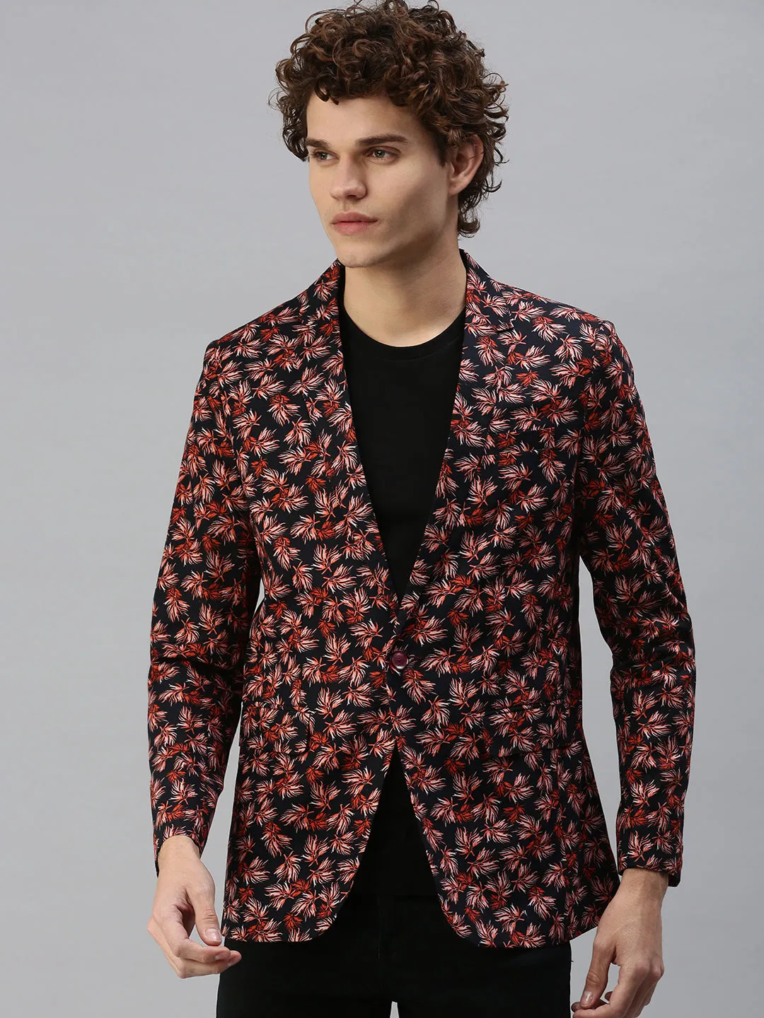 Detachable Lining Men's Navy Blue Floral Print Single Breasted Blazer