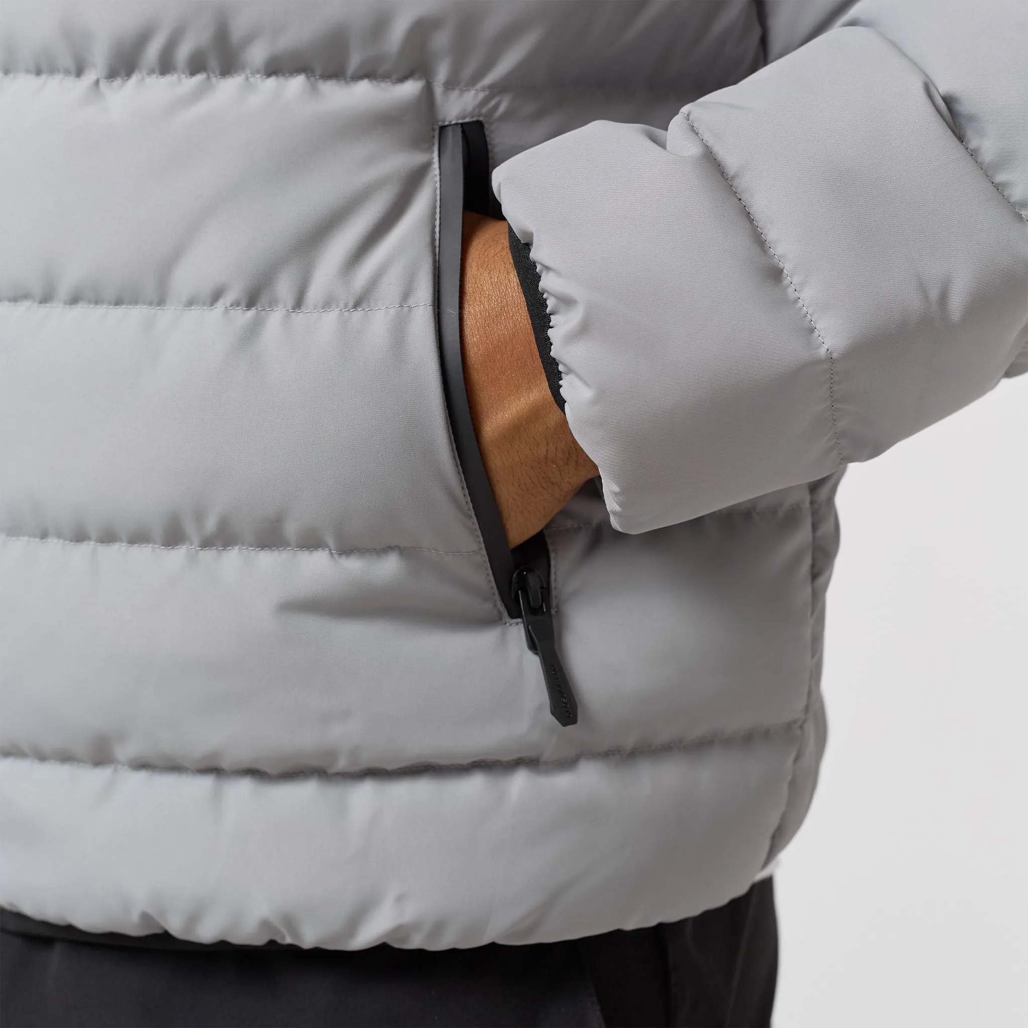 Slim Quilted Zipped Puffer | Grey Belted Waist Stretchable Panels