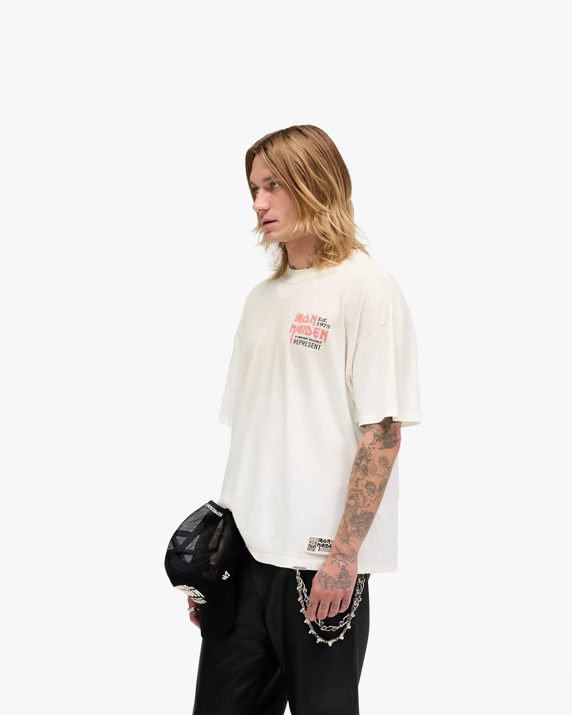 Cozy and Fashionable sequined details Represent X Iron Maiden Anniversary T-Shirt - Washed Ecru