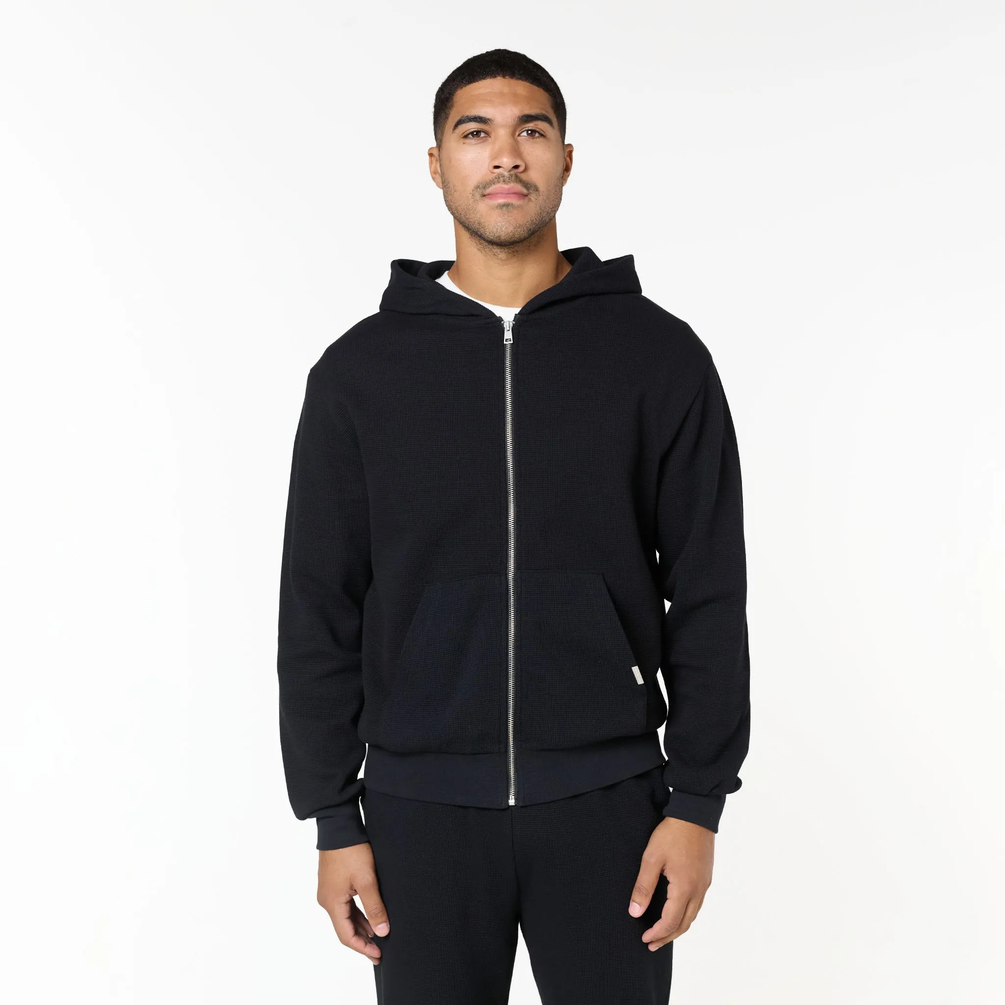 Waffle Knit Full Zip Hoodie | Black suitable for workouts