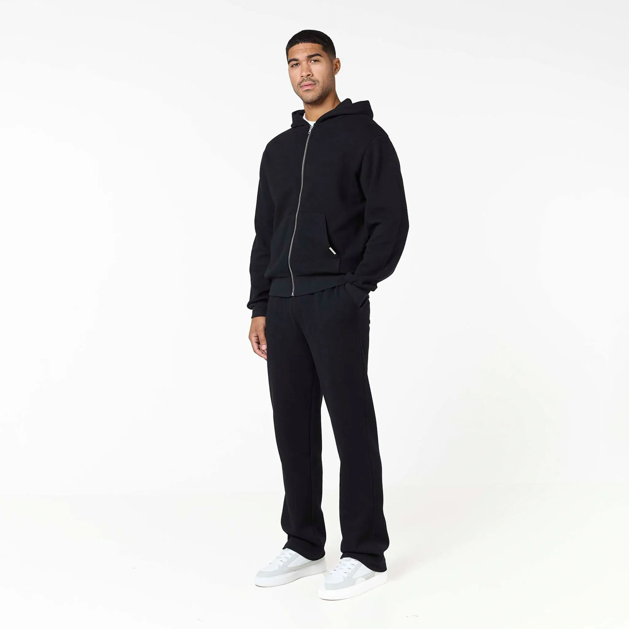 Matte Finish Waffle Knit Full Zip Hoodie | Black