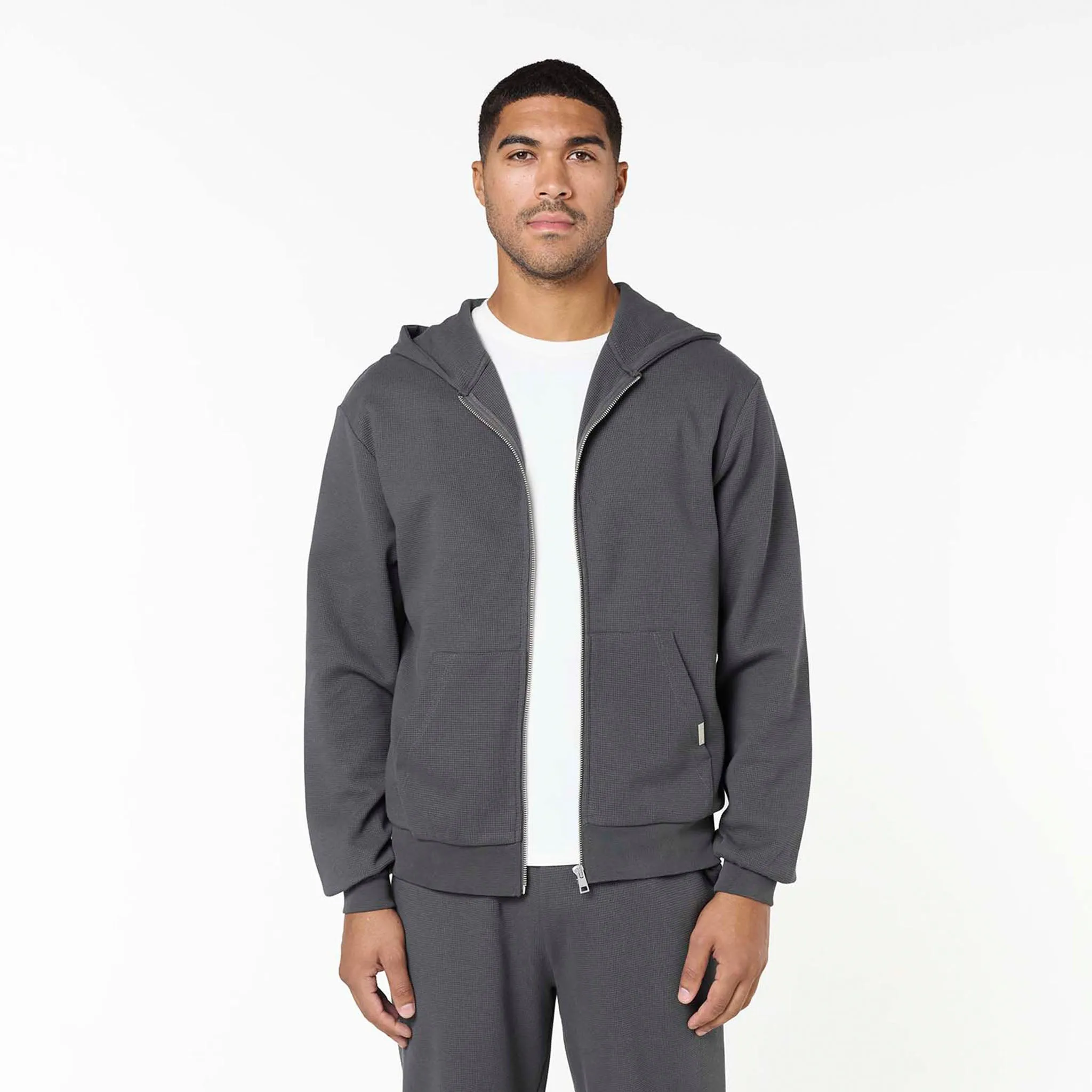Essential Wear Comfortable Hoodie Waffle Knit Full Zip Hoodie | Charcoal