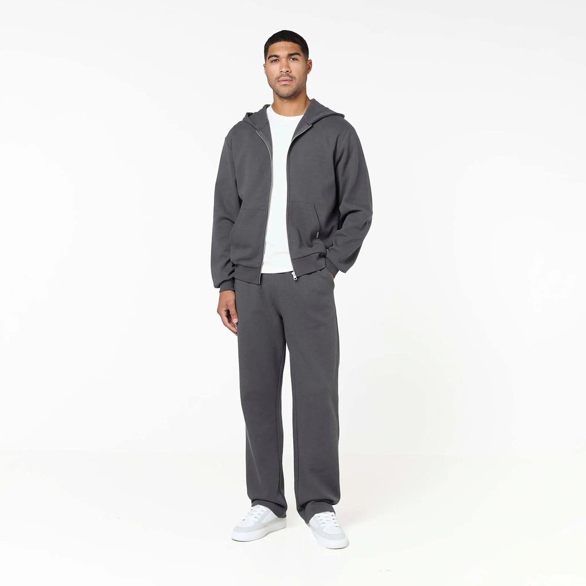 Elastic Waffle Knit Full Zip Hoodie | Charcoal