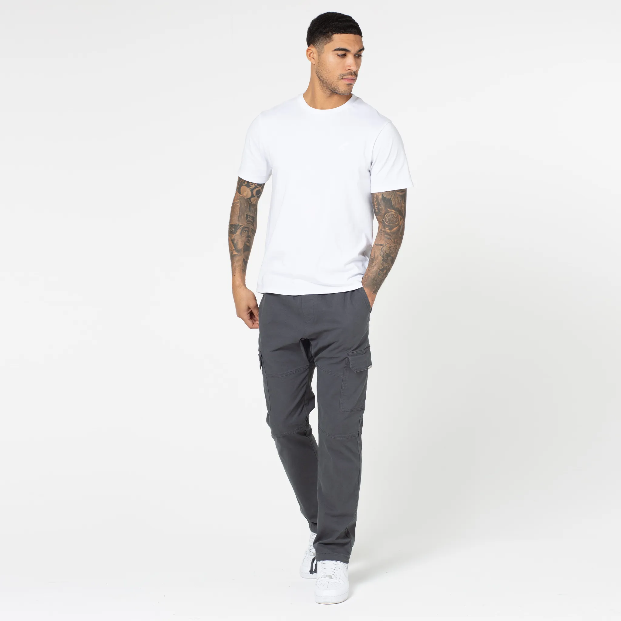 Slimline Fit Washed Open Hem Cargo Pants | Charcoal