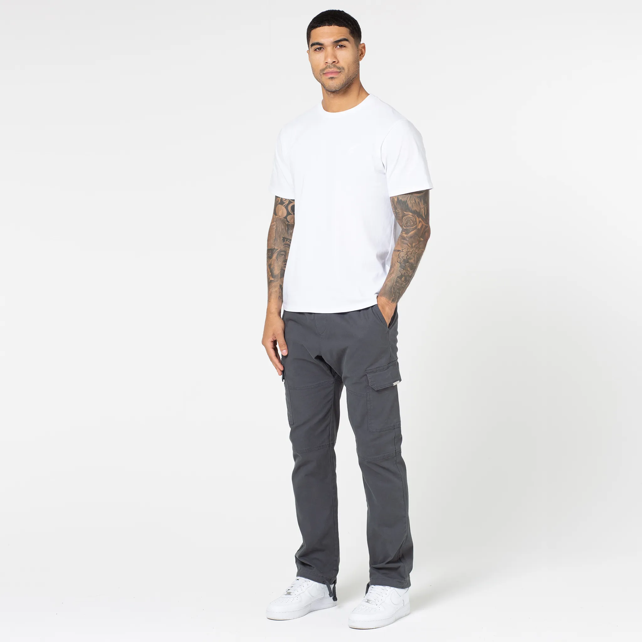 Washed Open Hem Cargo Pants | Charcoal Reinforced Stitching All Around Fit