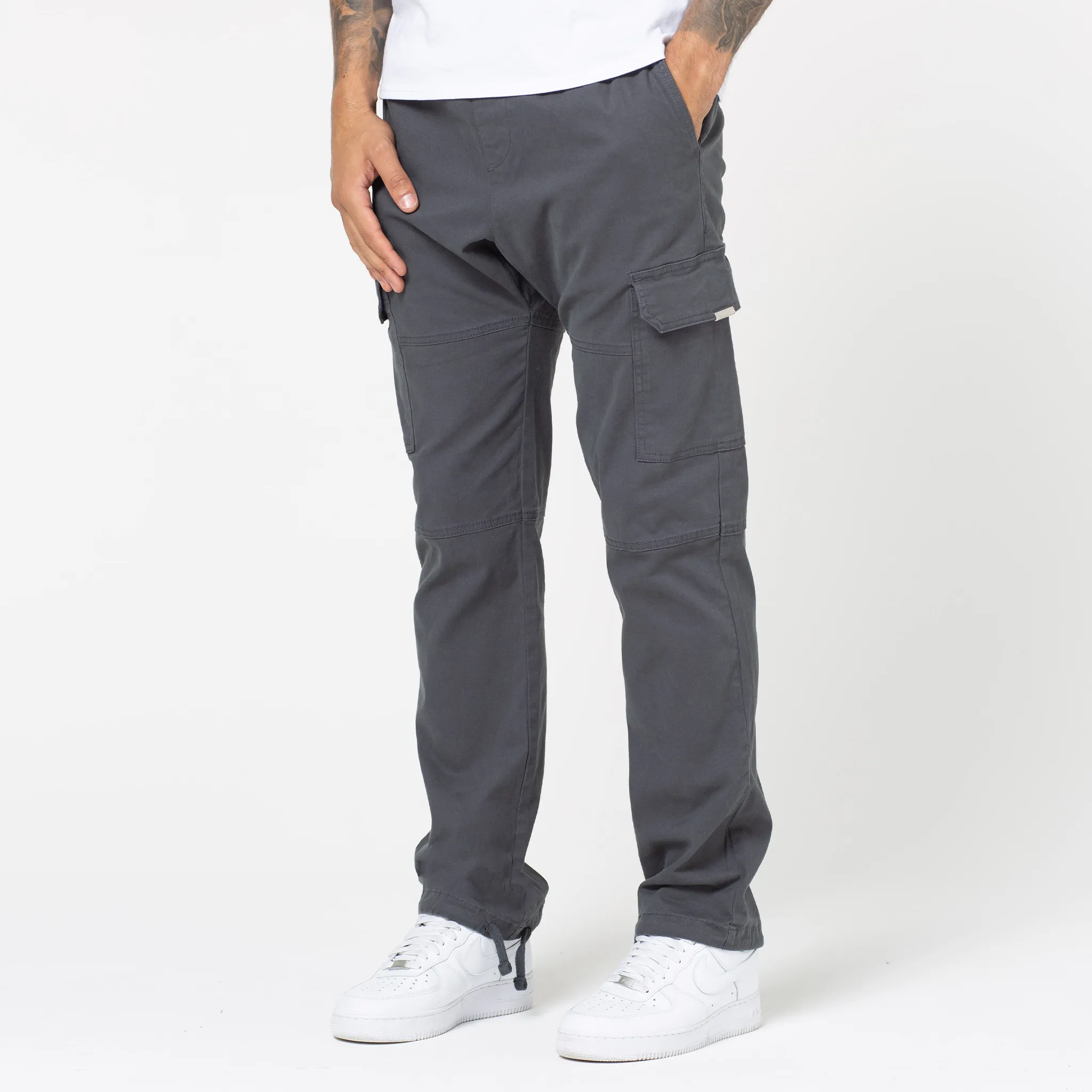 Washed Open Hem Cargo Pants | Charcoal ripstop fabric Anti Pilling Finish