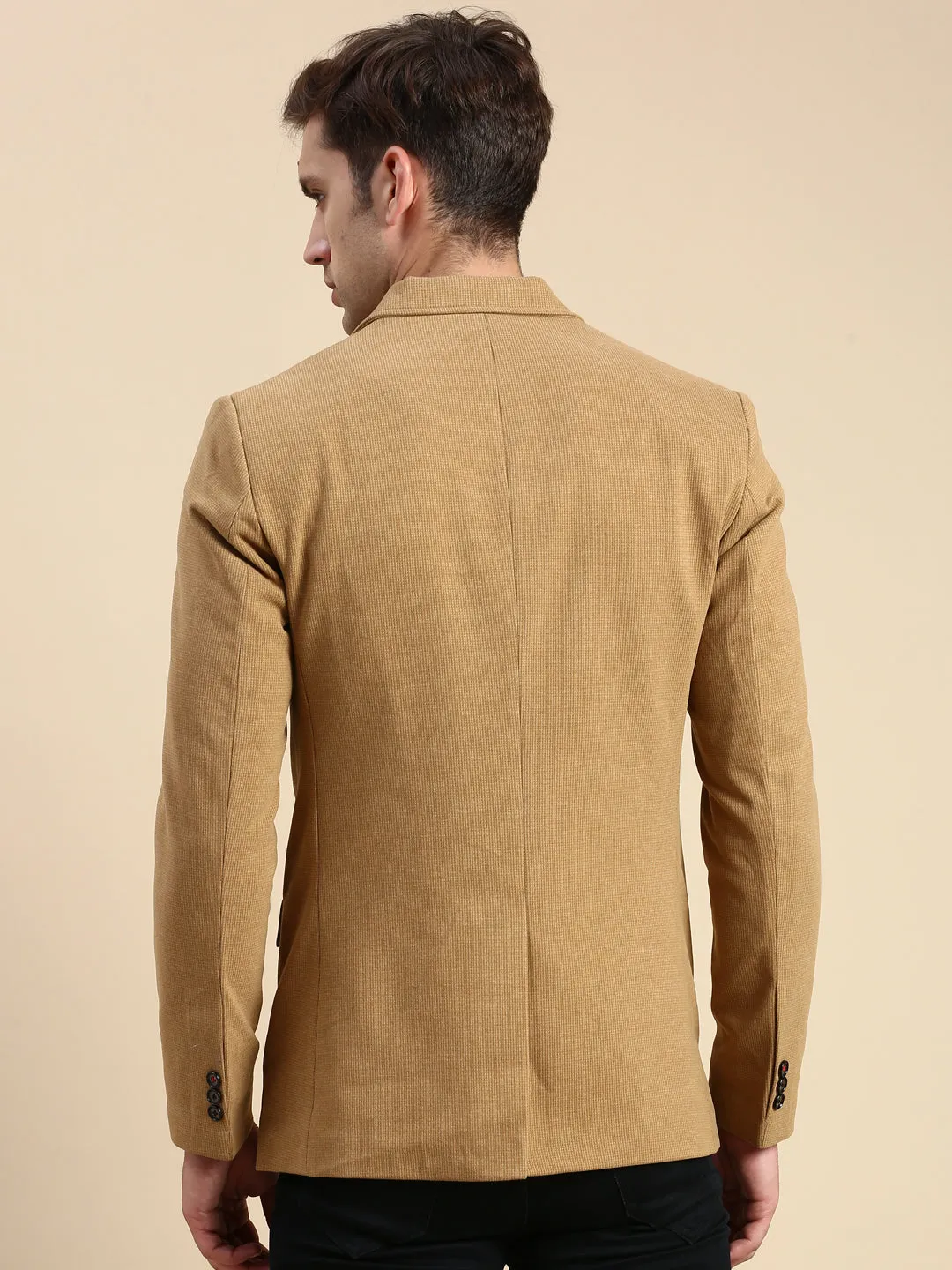 Modular Attachment Points No Collar Men's Khaki Slim-Fit Single Breasted Blazer