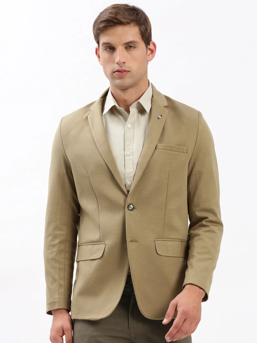 Wind Protection LowProfileStitching Men's Notched Lapel Solid Khaki Blazer