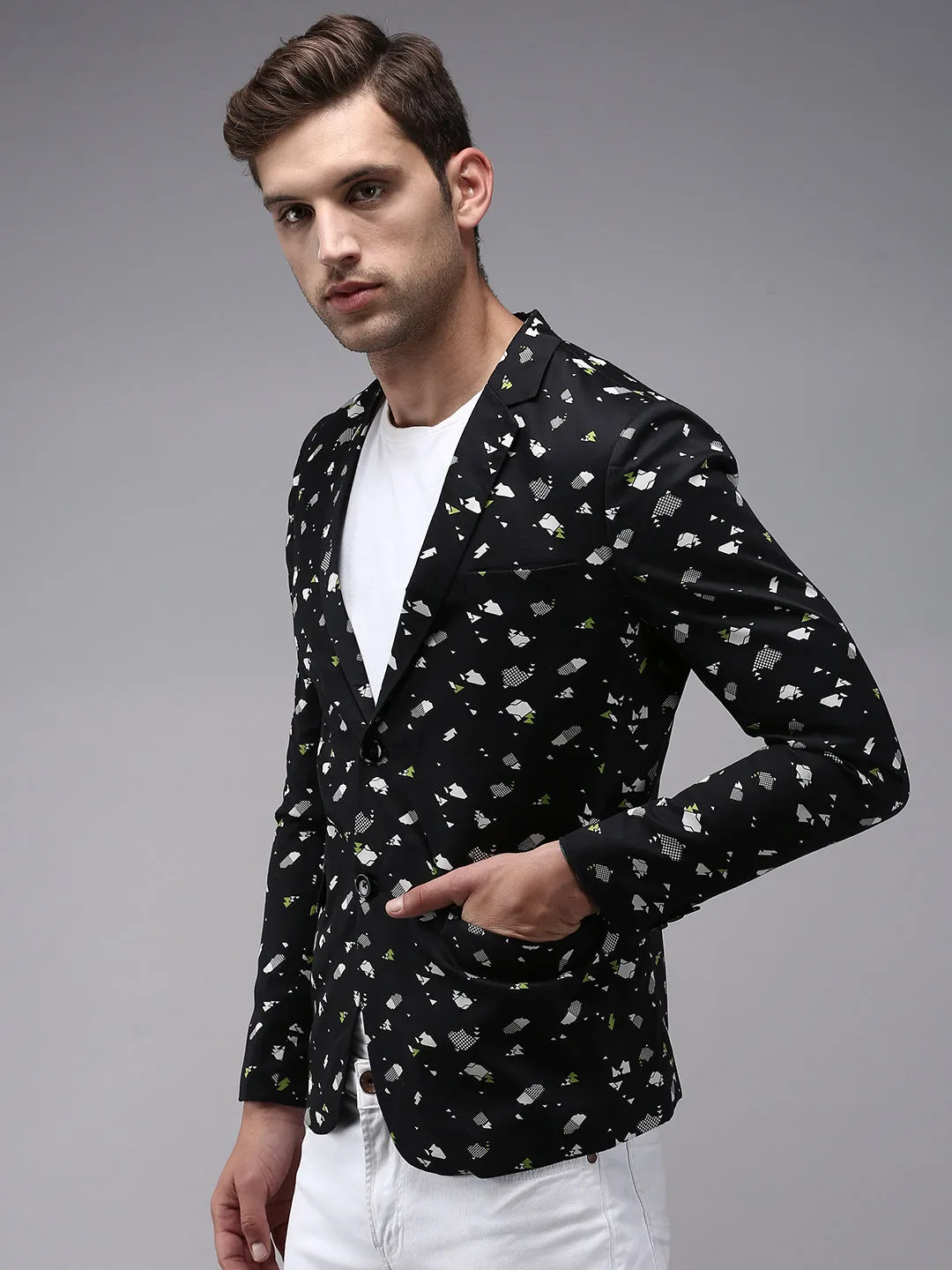 Men's Black Printed Single-Breasted Blazer Essential Style Hooded styles