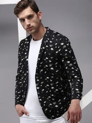 Men's Black Printed Single-Breasted Blazer Flexible Shoulder Pocket Details