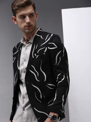 Moisture Managing Layer Men's Black Printed Single Breasted Blazers