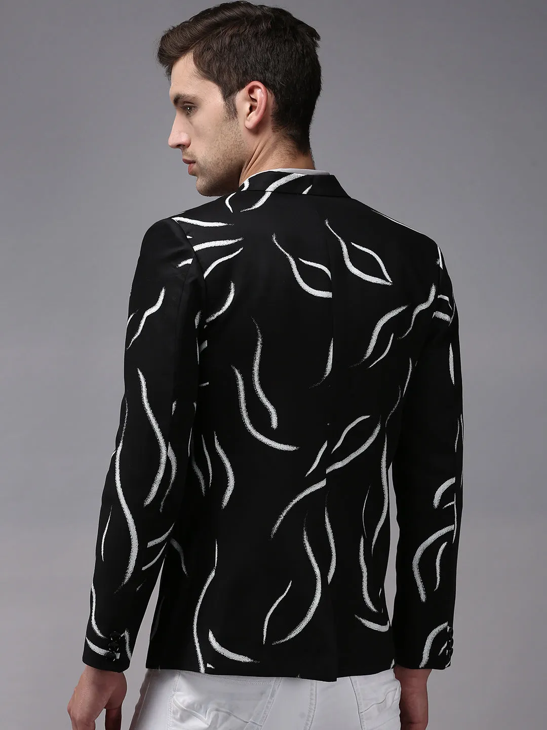 Reinforced Collar Structure Men's Black Printed Single Breasted Blazers