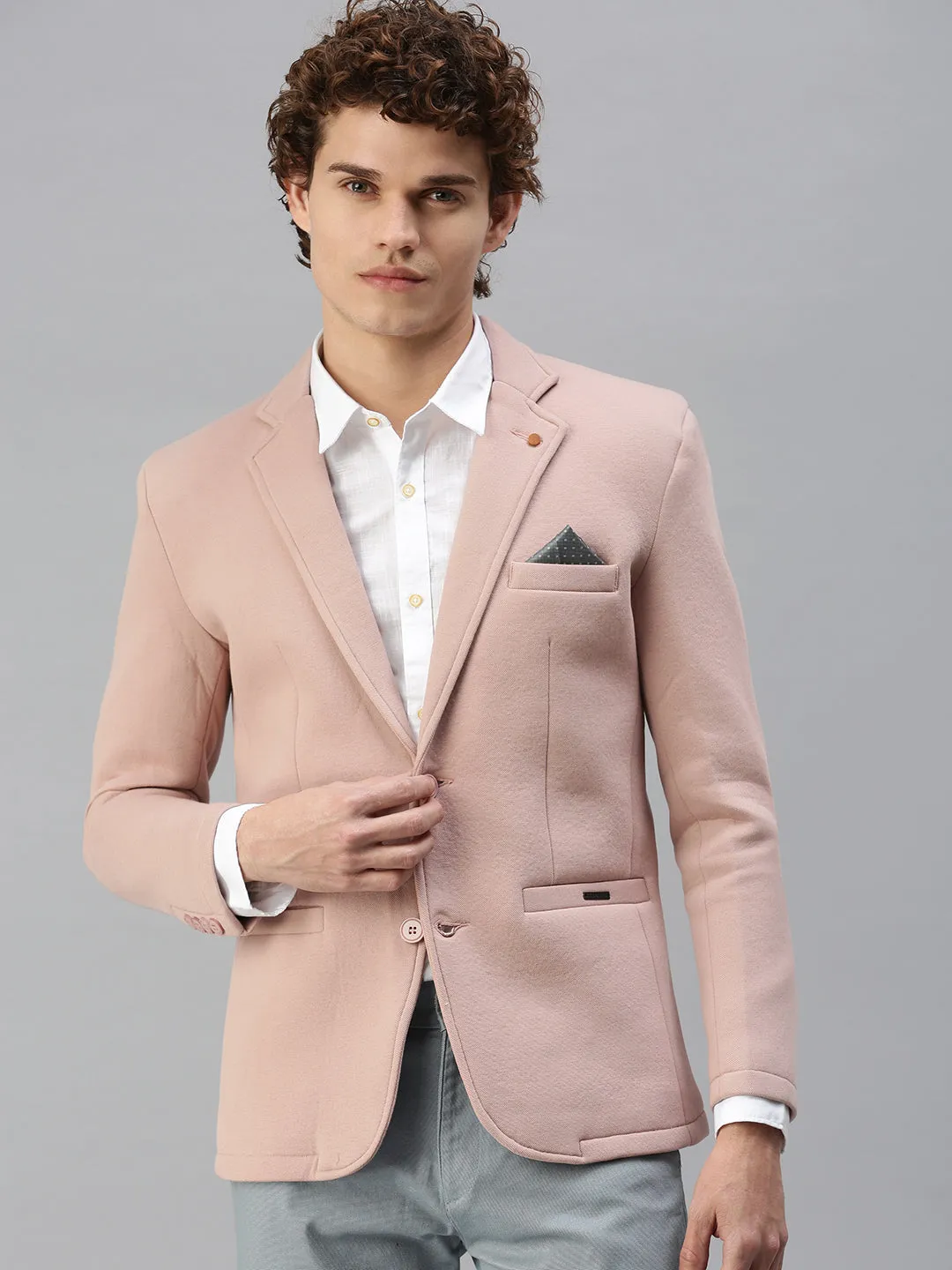 Men's Pink Solid Notched Lapel Single-Breasted Slim-Fit Blazer Top Guard