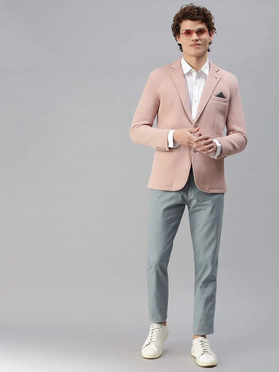 Men's Pink Solid Notched Lapel Single-Breasted Slim-Fit Blazer Noise Reduction Design FleeceLined