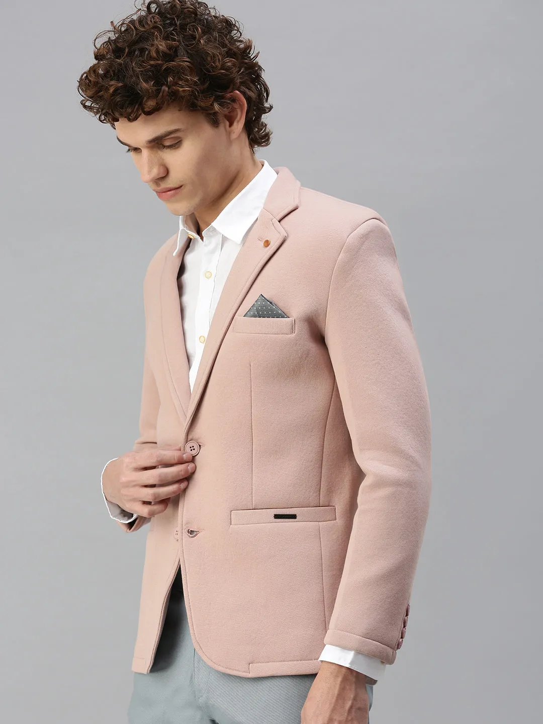 Elegant Evening Men's Pink Solid Notched Lapel Single-Breasted Slim-Fit Blazer
