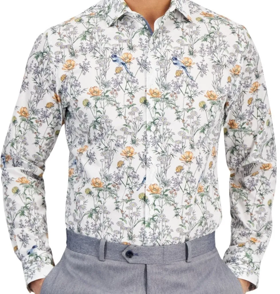 Bar Iii Bold Ivy Dress Shirt Mens  White Bird Floral Slim-Fit Oxford FTS106 Cool Comfort