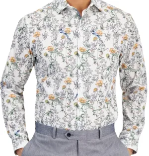 Bar Iii Bold Ivy Dress Shirt Mens  White Bird Floral Slim-Fit Oxford FTS106 Cool Comfort