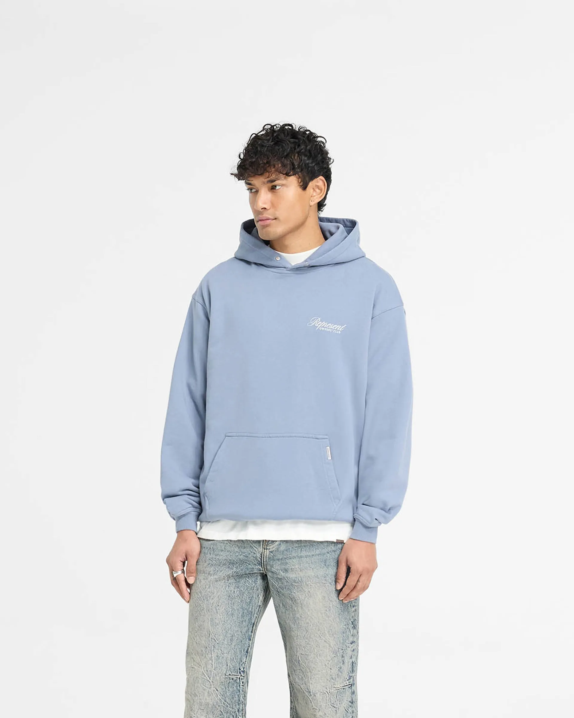 Represent Owners Club Script Hoodie - Dusty Blue Brunch Style product semi formal grace