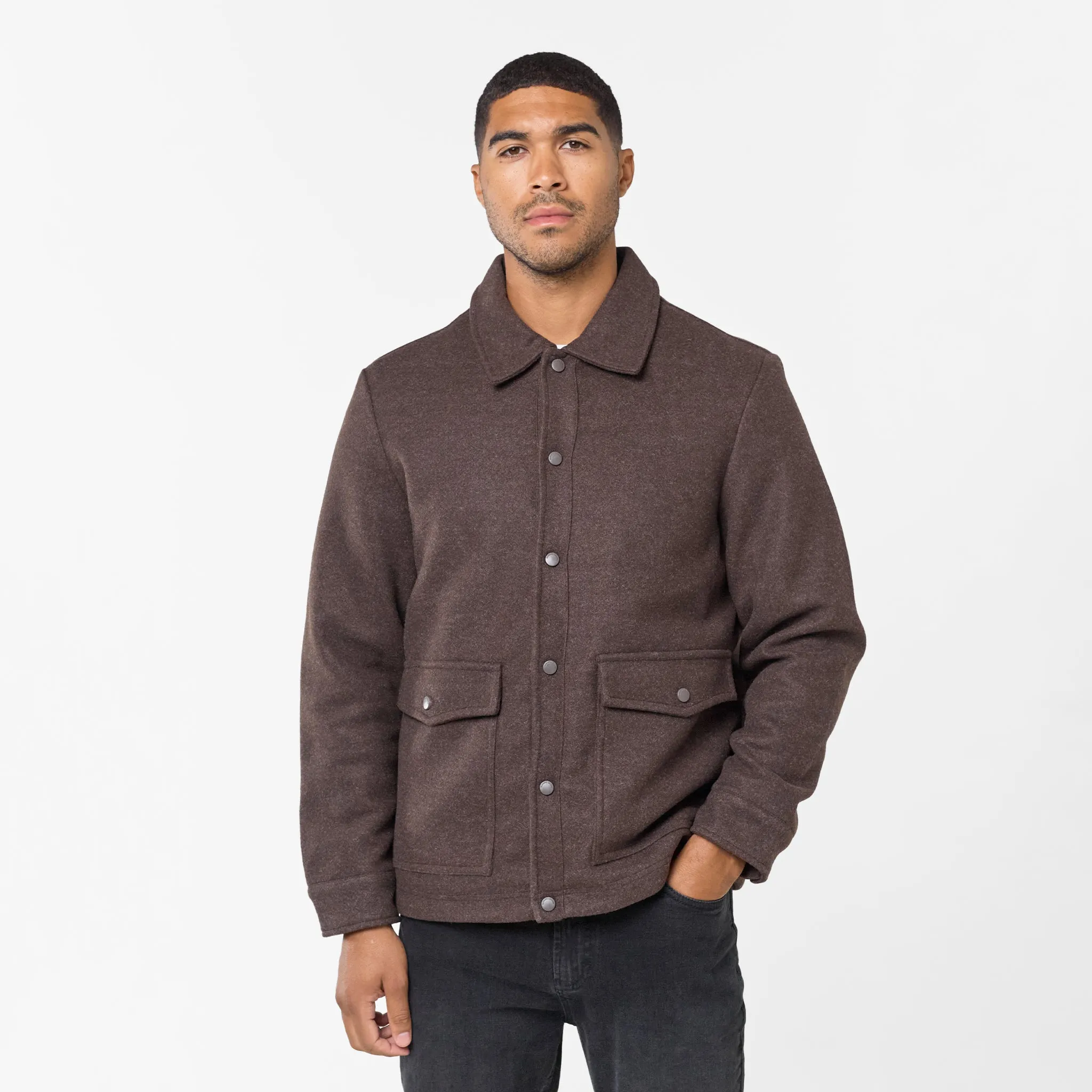 Breezy Layer Option Ergonomic Shoulder Cut Wool Button Up Overshirt | Brown